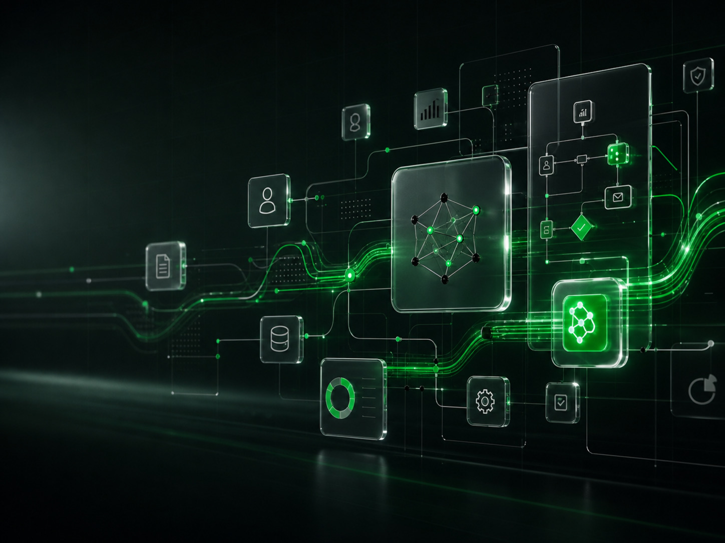 An abstract green and white AI workflow system with floating glass panels, data paths, and integration nodes.