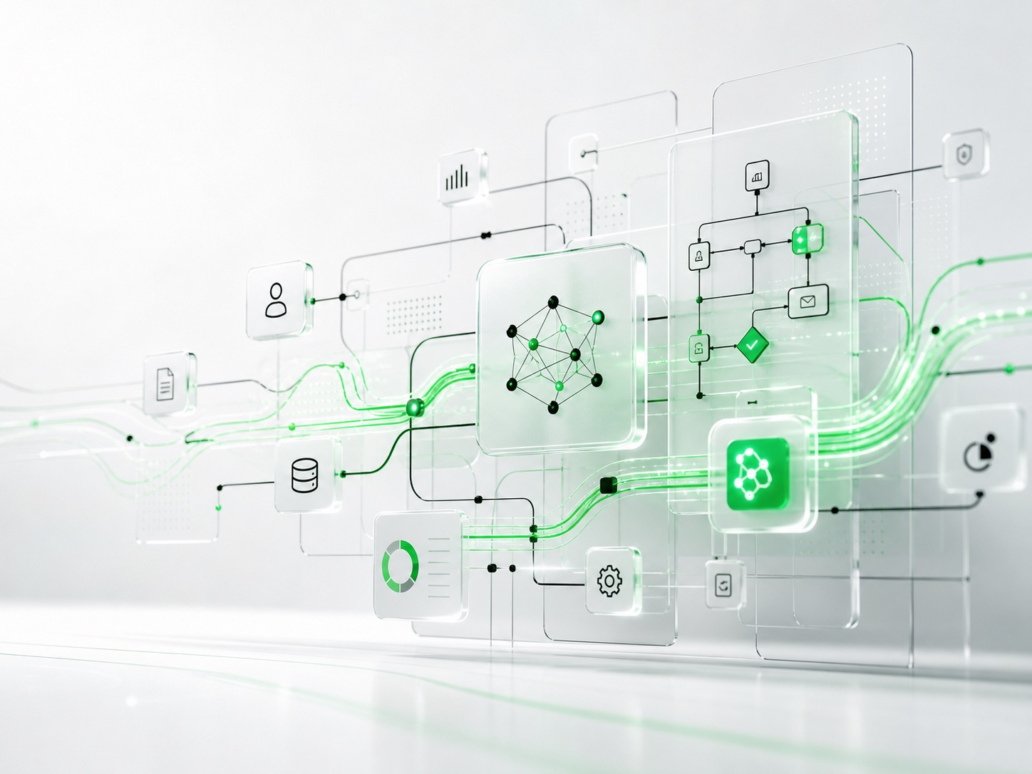 An abstract green and white AI workflow system with floating glass panels, data paths, and integration nodes.