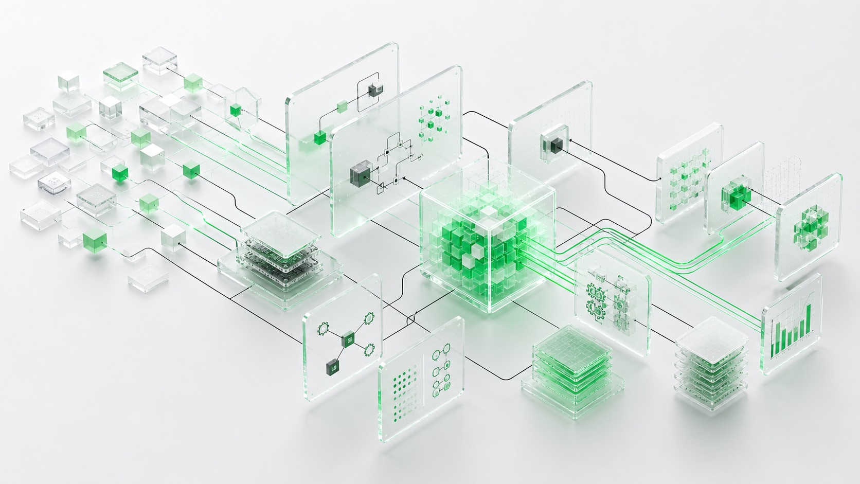 An abstract AI business operating system with translucent panels, green data paths, and connected workflow blocks.